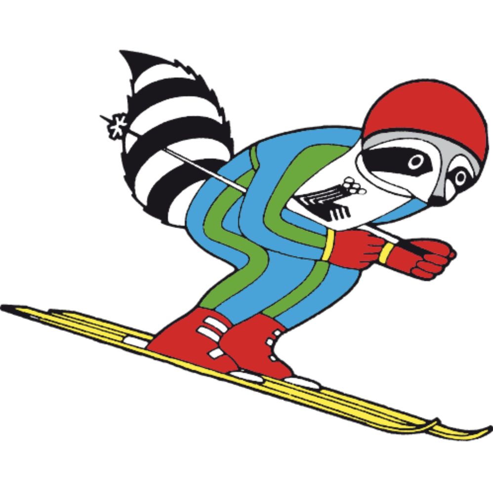 An illustrated image of an anthropomorphic raccoon ski racing.